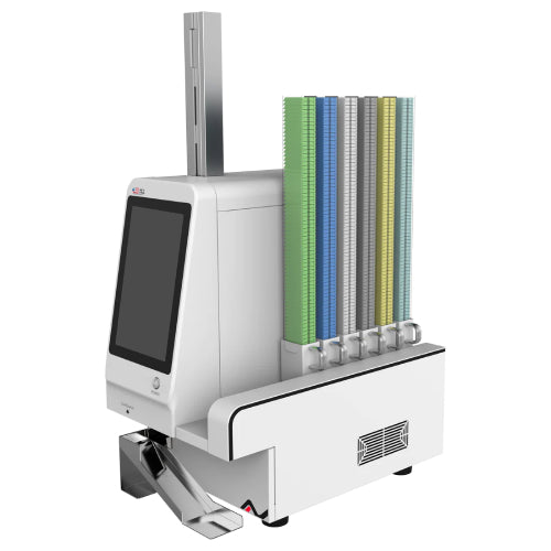 4E's UV tissue cassette printer loaded with multiple columns of colored histology cassettes.