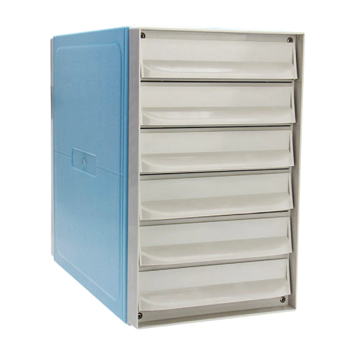 A blue 6-drawer tissue cassette storage cabinet with a metal front.