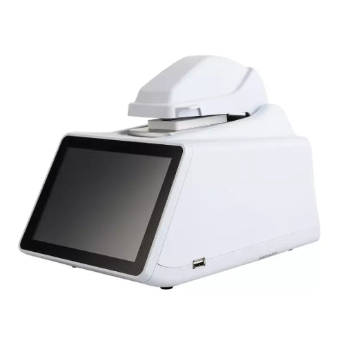 A white micro-volume spectrophotometer with a built-in 7-inch color touchscreen.