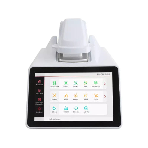 A micro-volume spectrophotometer with a built-in color touchscreen, designed for laboratory use.
