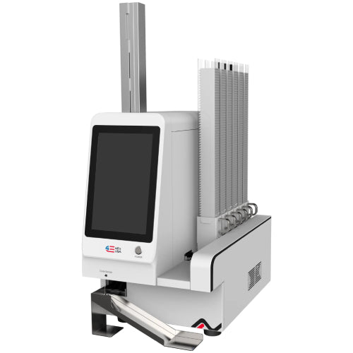 Three-quarter studio view of a 4E's USA automated slide stainer and printer system with vertical slide hoppers, a touch screen interface, and an output ramp.