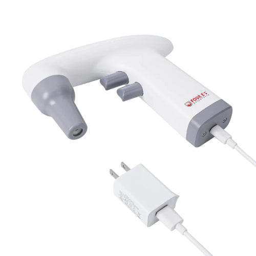 An electronic pipette filler with a white and gray color scheme, including a battery pack and a charging cable.