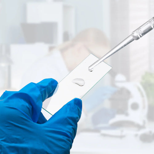 A person wearing a blue glove is handling a microscope slide in a laboratory setting. The glove is designed for laboratory use to protect the wearer's hand from heat and chemicals.