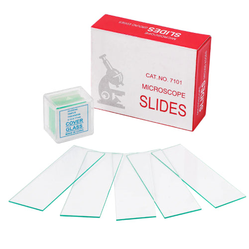 Studio arrangement of a box of 4E's USA microscope slides, a plastic case of cover glass, and several individual glass slides fanned out in front.