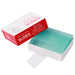 Open red and white box of 4E's USA microscope slides displaying a bulk stack of clean glass slides and a single slide placed across the top.