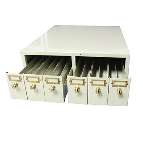 Three-quarter studio view of a 4E's USA modular beige metal slide storage cabinet with all six drawers extended.