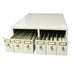 Three-quarter studio view of a 4E's USA modular beige metal slide storage cabinet with all six drawers extended.