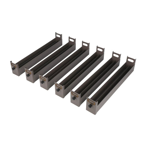 Studio arrangement of six dark grey metal storage cabinet drawers lined up in parallel, each featuring dual internal channels, a pull knob, and a label frame.