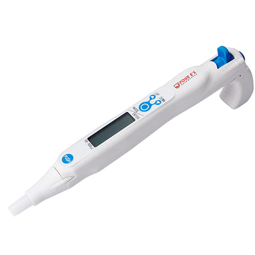 4E's USA Mr. Lite electronic pipette with a digital display, predominantly white with blue accents.