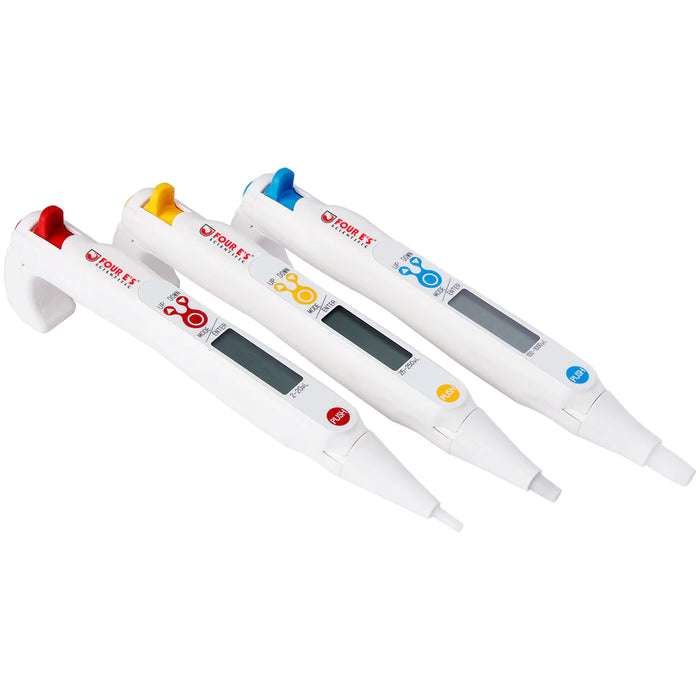 An electronic pipette held in a gloved hand, predominantly white with red and black detailing.