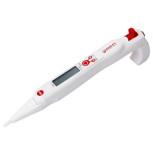 An electronic pipette held in a gloved hand, predominantly white with red and black detailing.