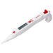 An electronic pipette held in a gloved hand, predominantly white with red and black detailing.