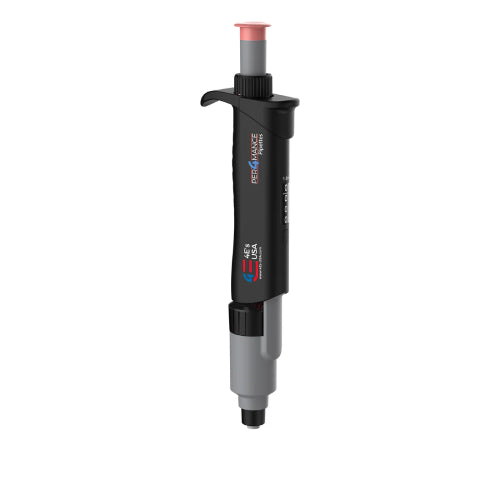 An adjustable pipette with a black body, pink cap, and a digital counter display.