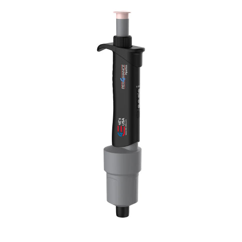 An adjustable pipette with a black body, beige cap, and a label with '4E's USA' branding.