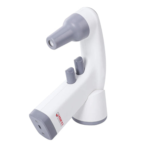 An electronic pipette filler with a white and gray color scheme, including a battery pack and a charging cable.