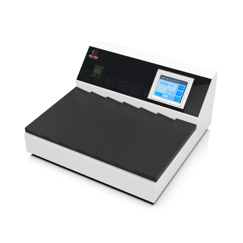 4E's USA Slide Dryer, a laboratory device used for drying slides, with a digital touchscreen and angled slide storage.