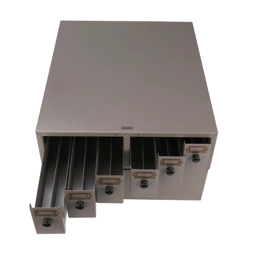 Three-quarter studio view of two stacked 4E's USA dark grey metal slide storage cabinets with several drawers pulled open.