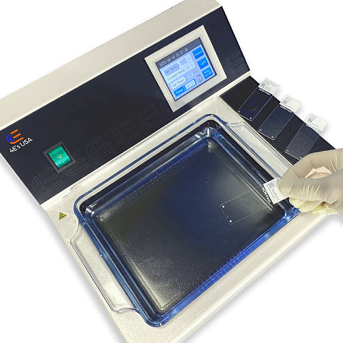 A laboratory tissue flotation bath with a digital touch screen display, heating element, and a glass basin.