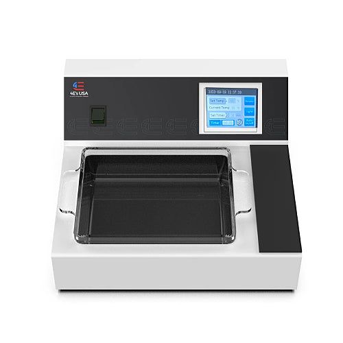 A laboratory tissue flotation bath with a digital touch screen display, heating element, and a glass basin.