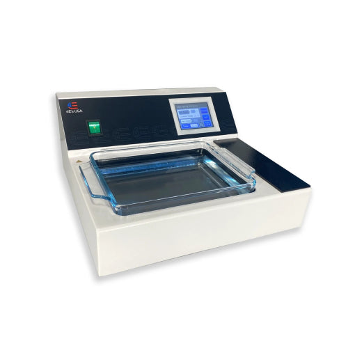 A laboratory tissue flotation bath with a digital touch screen display, heating element, and a glass basin.