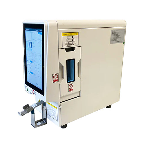 A white ultraviolet microscope slide printer with a 10-inch color touchscreen display and a barcode scanner. The brand 4E's USA is visible on the equipment.