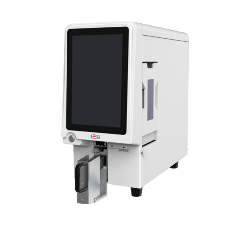A white ultraviolet microscope slide printer with a 10-inch color touchscreen display and a barcode scanner. The brand 4E's USA is visible on the equipment.