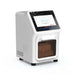 Studio front-perspective product view of a compact 4E's USA 16-throughput nucleic acid extraction system against a white background, highlighting its white housing, slanted touchscreen interface with digital graphics, and tinted sample chamber door