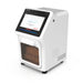 Studio three-quarter angle product view of a compact 4E's USA 16-throughput nucleic acid extraction system against a white background, highlighting its white housing, side ventilation louvers, slanted touchscreen display, and tinted sample chamber access door