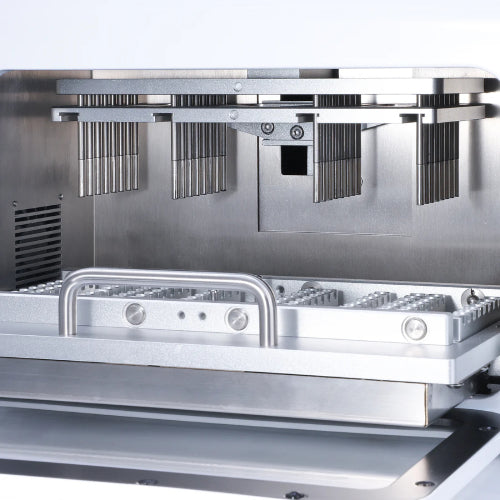 Studio product view of the internal chamber of a 4E's USA 32-throughput nucleic acid extraction system against a white background, highlighting its stainless steel housing and precision magnetic rod assembly