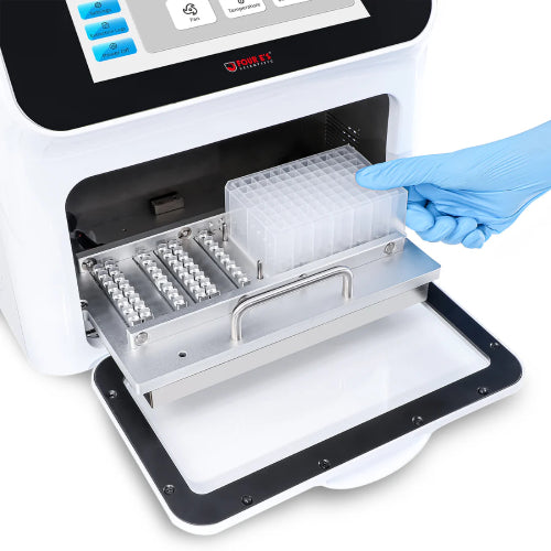 Studio product view of a gloved hand loading a deep-well plate onto the slide-out platform of a 4E's USA 32-throughput nucleic acid extraction system against a white background, highlighting its open internal sample chamber and metal handle