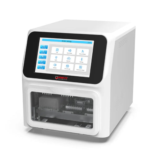 Studio front-angled product view of a 4E's USA 96-throughput nucleic acid extraction system against a white background, highlighting its white housing, angled touchscreen display, and loaded internal chamber