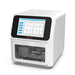 Studio front-angled product view of a 4E's USA 96-throughput nucleic acid extraction system against a white background, highlighting its white housing, angled touchscreen display, and loaded internal chamber