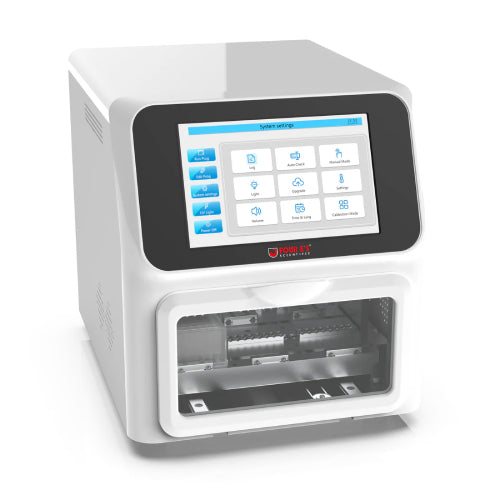 Studio front-perspective product view of a 4E's USA 96-throughput nucleic acid extraction system against a white background, highlighting its white housing, integrated touchscreen control panel, and visible internal sample block chamber