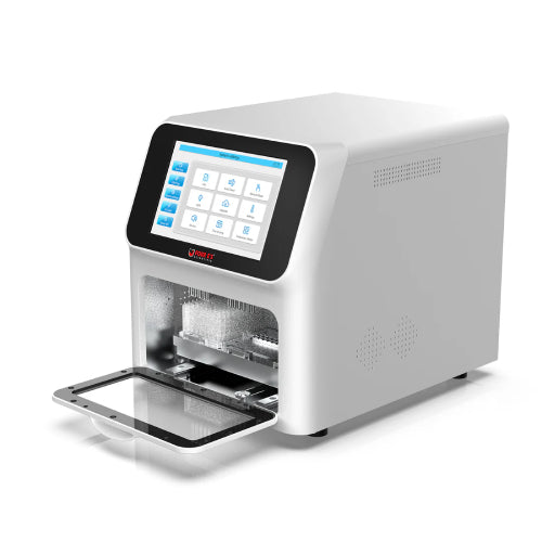 Studio product view of a 4E's USA 96-throughput nucleic acid extraction system with its front glass door open against a white background, highlighting its white exterior housing, touchscreen control panel, and accessible internal plate chamber