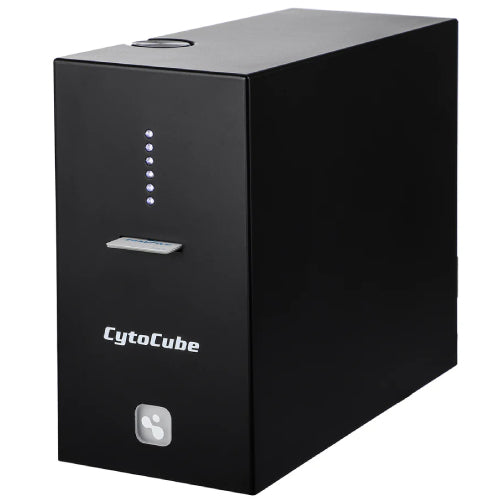 Right angled perspective view of the 4E's USA CytoCube portable cell counter with a counting slide inserted into the front slot, featuring its black housing, illuminated status indicator lights, CytoCube logo branding, and lower power button