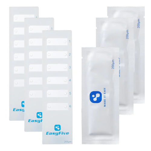 Studio product view of EasyFive cell counting slides for the CytoCube portable cell counter, showing three unsealed rectangular slides with numbered sample chambers and three individually sealed packaging pouches labeled with 200um thickness