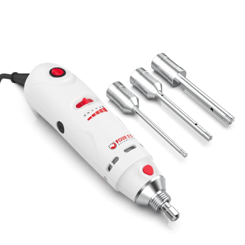Studio product view of a 4E's USA handheld rotor-stator homogenizer motor unit with three detached stainless steel homogenizing probes laid out beside it against a white background, highlighting its ergonomic white housing, red switchgear, and threaded probe mount