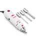 Studio product view of a 4E's USA handheld rotor-stator homogenizer motor unit with three detached stainless steel homogenizing probes laid out beside it against a white background, highlighting its ergonomic white housing, red switchgear, and threaded probe mount