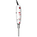 Studio front product view of a 4E's USA handheld rotor-stator homogenizer against a white background, highlighting its ergonomic white housing, red power and control switches, speed indicator scale, and stainless steel homogenizing probe