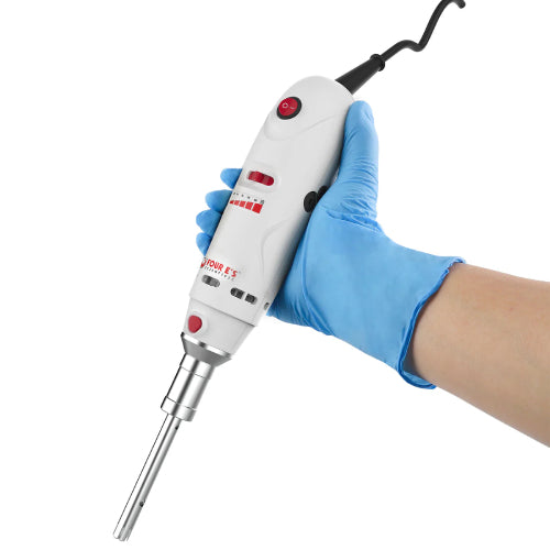 Studio product view of a gloved hand holding a 4E's USA handheld rotor-stator homogenizer against a white background, highlighting its ergonomic white body, red control switches, and attached stainless steel probe during operation