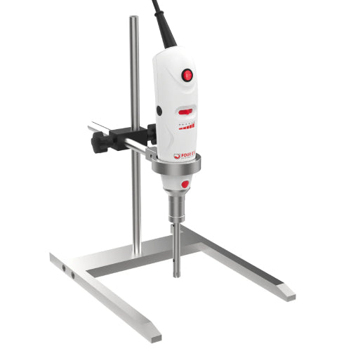 Studio product view of a 4E's USA handheld rotor-stator homogenizer secured to a stainless steel laboratory stand and clamp assembly against a white background, highlighting its ergonomic white motor housing, red controls, and stable benchtop support setup