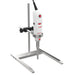 Studio product view of a 4E's USA handheld rotor-stator homogenizer secured to a stainless steel laboratory stand and clamp assembly against a white background, highlighting its ergonomic white motor housing, red controls, and stable benchtop support setup