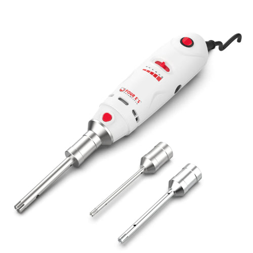 Studio product view of a 4E's USA handheld rotor-stator homogenizer accompanied by two additional interchangeable stainless steel probes against a white background, highlighting its ergonomic white body, red controls, and multiple probe attachments
