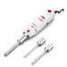 Studio product view of a 4E's USA handheld rotor-stator homogenizer accompanied by two additional interchangeable stainless steel probes against a white background, highlighting its ergonomic white body, red controls, and multiple probe attachments