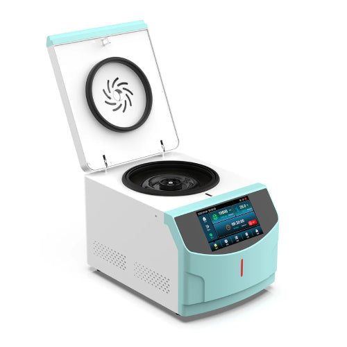 Studio product view of a 4E's USA high-speed micro centrifuge with its lid open against a white background, highlighting its white and light blue housing, internal rotor chamber, gasket seal lid interior, and front digital touchscreen