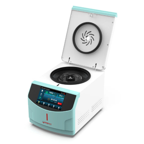 Studio front-angle product view of a 4E's USA high-speed micro centrifuge with its lid open against a white background, highlighting its white and light blue housing, exposed internal rotor, and digital touchscreen control panel
