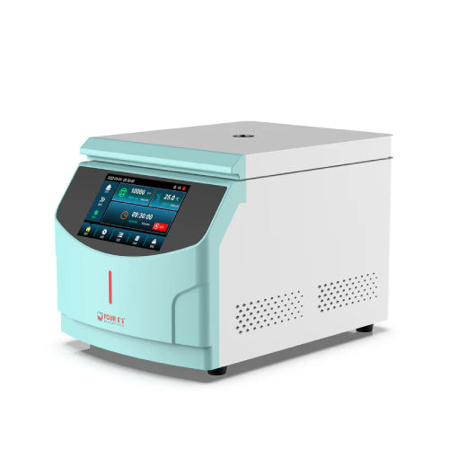 Studio right-side angle product view of a 4E's USA high-speed micro centrifuge against a white background, highlighting its white body with light blue trim, lower side ventilation louvers, and angled front touchscreen interface