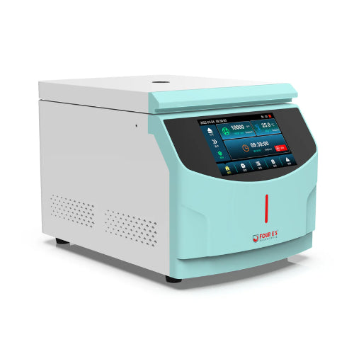 Studio side-angled product view of a 4E's USA high-speed micro centrifuge against a white background, highlighting its white body with light blue accent trim, side ventilation slots, and angled front touchscreen panel