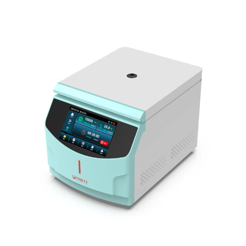 Studio three-quarter angle product view of a 4E's USA high-speed micro centrifuge against a white background, highlighting its white and light blue housing, closed lid with top viewport, and digital touchscreen front panel