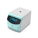 Studio three-quarter angle product view of a 4E's USA high-speed micro centrifuge against a white background, highlighting its white and light blue housing, closed lid with top viewport, and digital touchscreen front panel